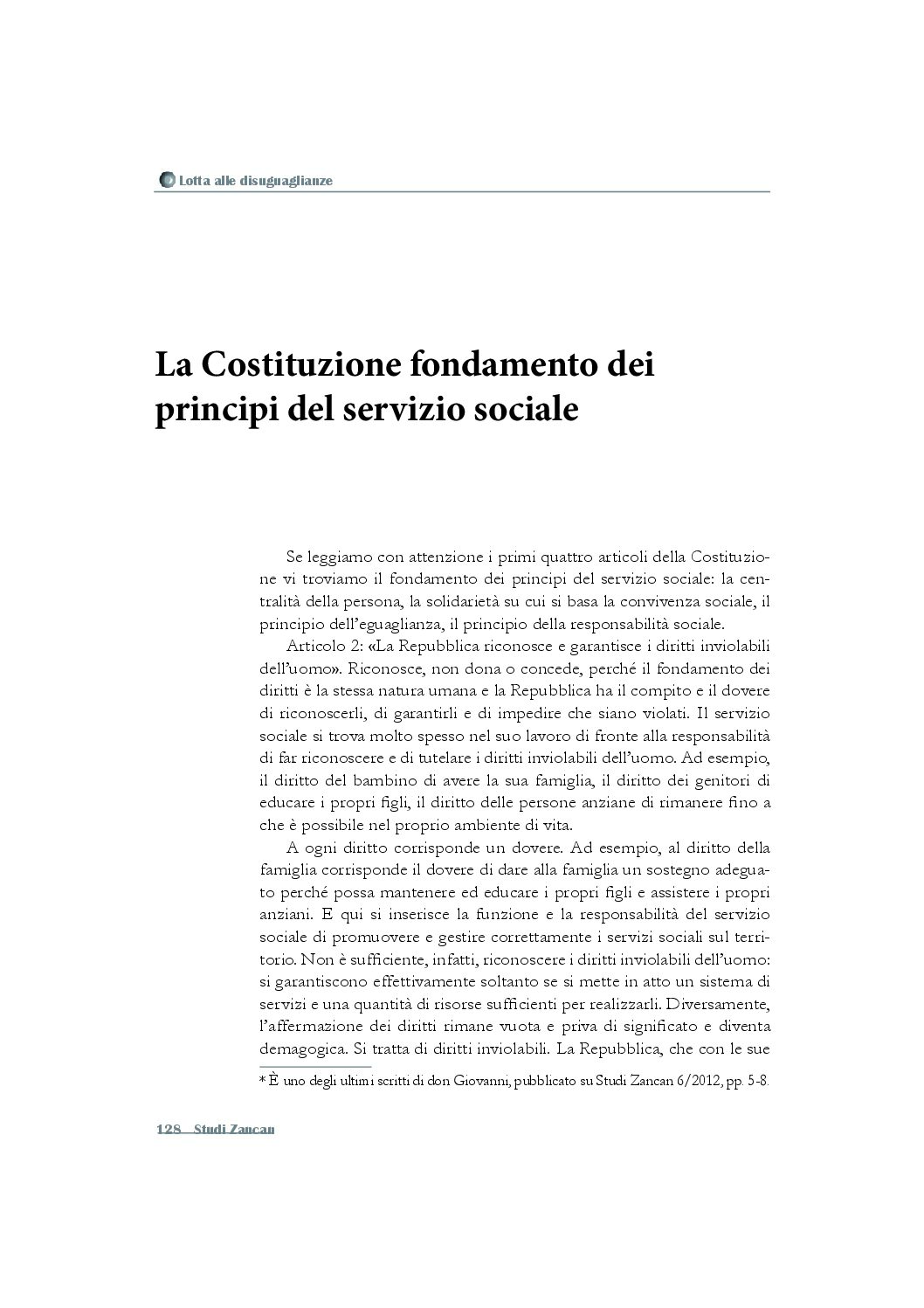 LA COSTITUZIONE FONDAMENTO DEI PRINCIPI DEL SERVIZIO SOCIALE
